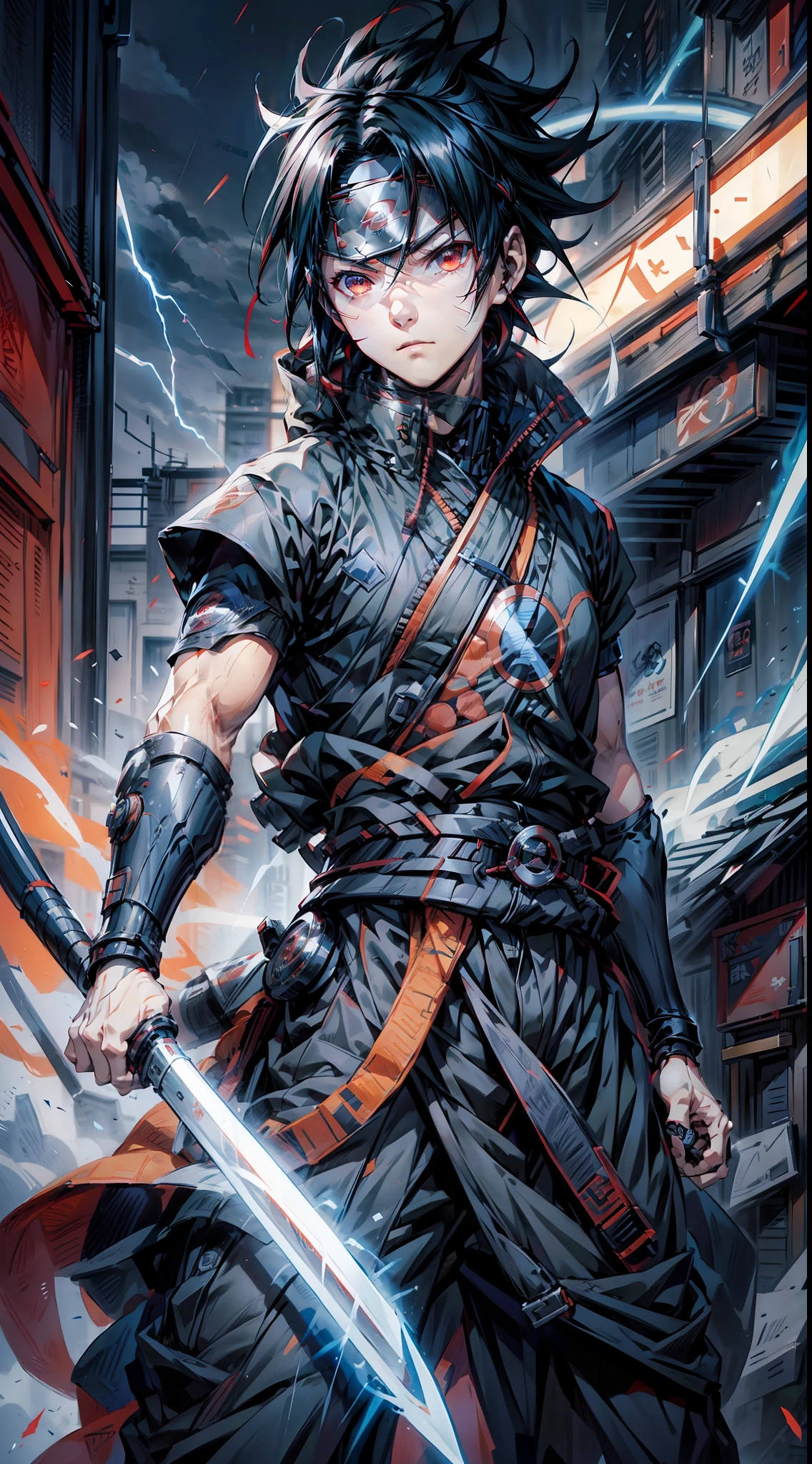 1boy，(((Solo)))，Male，Uchiha sasuke, A character in Japanese manga "Naruto" and its derivative works，（dynamicposes：1.5），holding knives，katana swords，Thunder and lightning surround，salama，skills_Susano，Close-up，The character is close to the shot，Metal forehead protection，Ninja costumes in anime "Naruto"，Ninja forehead，Red eyes， Black hair，(best qualtiy:1.5)，rhythm，unreal 5 render，rendering by octane，8K分辨率，