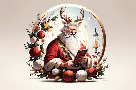 (illustration:1.3) Cute Santa Claus with flowers super cute deer,The outer frame of the crystal ball(by Artist Anna Dittman:1), ...