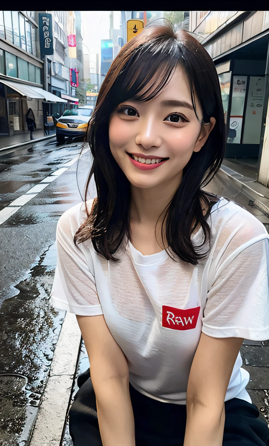 (RAW Photography:1.2)、top-quality、a beautiful detailed girl、squatting、extremely detailed eye and face、beatiful detailed eyes、huge filesize、hight resolution、8k wallpaper、finely detail、Raw photography, Beauty Japan, Drenched T-shirt in heavy rain, The t-shirt is wet and、Underwear can see through, Shy smile、Wet from rain all over the body、Cross your arms behind your back、Street"Highly detailed ticker uniform 8k wallpaper、Light on the face、电影灯光、26-year-old woman、sexy  pose、(photorealisim:1.4)、super detailing