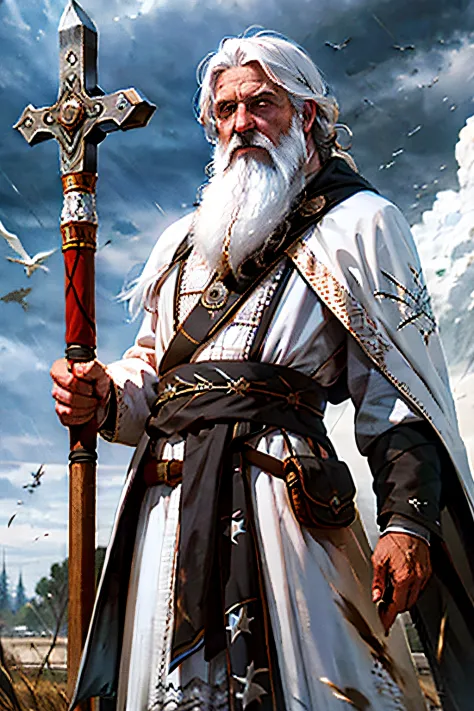 1girl, cowboy shot of old wizard, white hair, beard, white tabard, staff, crow, storm, realistic