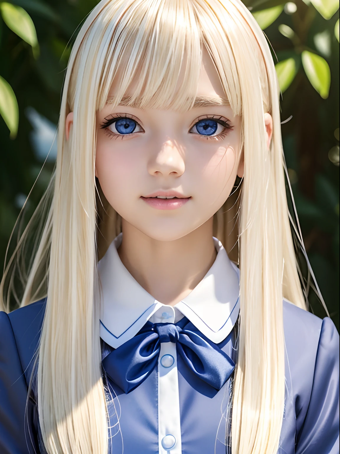 portlate、School Uniforms、bright expression、poneyTail、Young shiny shiny white shiny skin、Best Looks、Blonde reflected light、Platinum blonde hair with dazzling highlights、shiny light hair,、Super long silky straight hair、Beautiful bangs that shine、Glowing crystal clear attractive big blue eyes、Very beautiful nice cute 16 year old girl、Lush bust