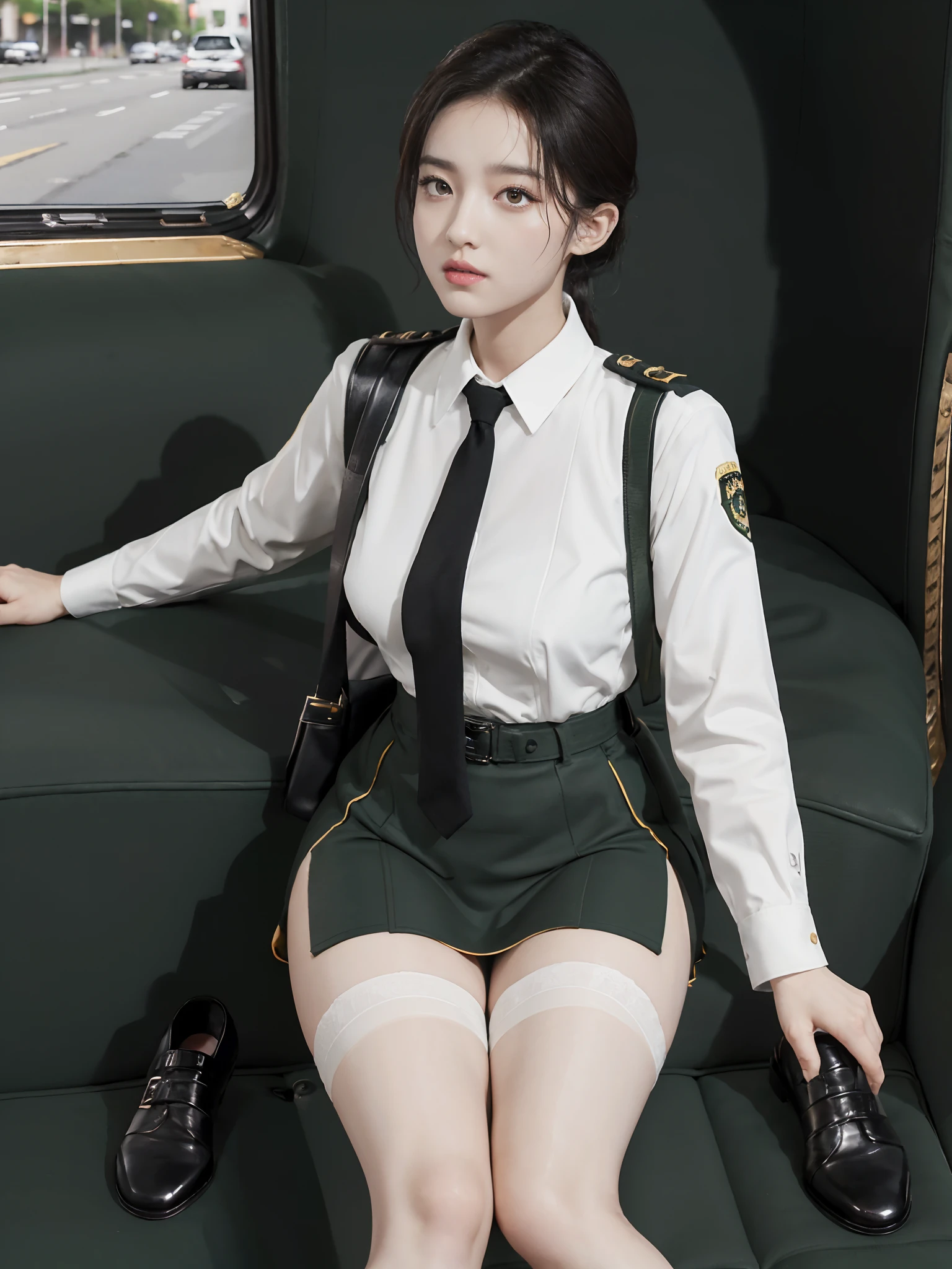 Very detailed CG unity 8K wallpaper，（tmasterpiece），（best qualtiy），（ultra - detailed），（Ultra photo realsisim），（best character detail：1.36），Nikon D750 f / 1.4 55mm，profesional lighting， physically-based renderingt, 1girll, Female soldier，army suit，Green military uniform，Fabric texture military uniform，Pure white lining，Dark green tie，Army green skirt，military hat，Black hair，the golden ratio,[:(com rosto detalhado:1.2):0.2]:,PureErosFace_V1, broad shoulder,(Bigchest:1.5),(big assa:1.5)，Wide buttock ，Bare legged，Plump legs，Move the center of gravity back，Squat on the grass，Spread your legs apart，The skirt covers the bottom of the skirt，whitestocking，Small black leather shoes，hands lying on thighs，Soaked with sweat，red flags，At the cafe，Night Street，bright sun，Look at the audience from the front，Bright smile，White teeth，lighting，Contre-Jour，