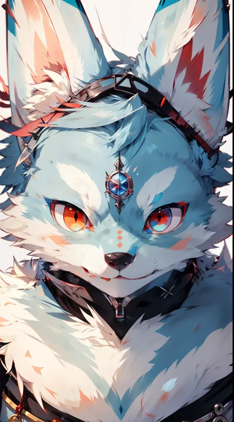 furry, Light blue wolf, The eyes are red, The upper part of the body, blush, parted lips, tearing up