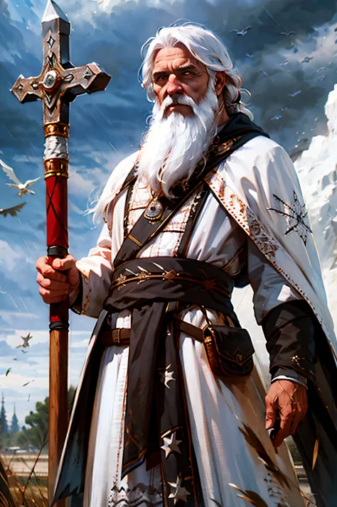 HD old wizard with cowboy shots， White hair， sbeard， white tabard， staff member， cawing ravens， firestorm， hentail realism