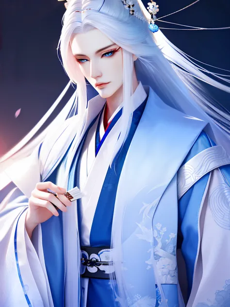 Best Quality, masutepiece, highly detailed wallpaper,Long hair, 1boy, White hair, Solo, Hair Ornament, Blue eyes, chinese clothe...