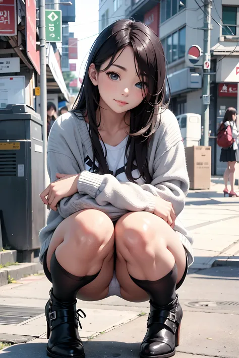 Asian woman in alafe sitting on the ground with legs crossed, pretty face with arms and legs, Korean Girl, chiho, young and cute girl, the anime girl is crouching, Round thighs, Casual pose, Young Pretty Gravure Idol, 19-year-old girl, Sitting on the groun...