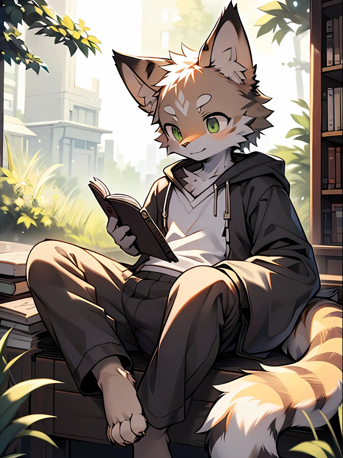 Masterpiece, Best quality, Perfect anatomy, author：K0bit0wani, author：Milk Tiger 1145, (author：Dex:0.3), Furry, coyote, Solo, Male, baggy clothes, Open clothes, Eau, Abs, holding book, Detailed background, music sheets, Leaning back, Butterfly, Grass，Shota，Libido boy