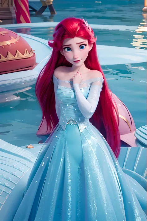 Elsa-Ariel fusion, Merge templates, melted, Ariel's clothes, 1girll, Beautiful, Character, woman, Female, sea beach, (Master parts:1.2), (best qualityer:1.2), (soio:1.2), ((fightingpose)), ((battlefiled)), cinematic ligh, perfect  eyes, Perfect Skin, Perfe...