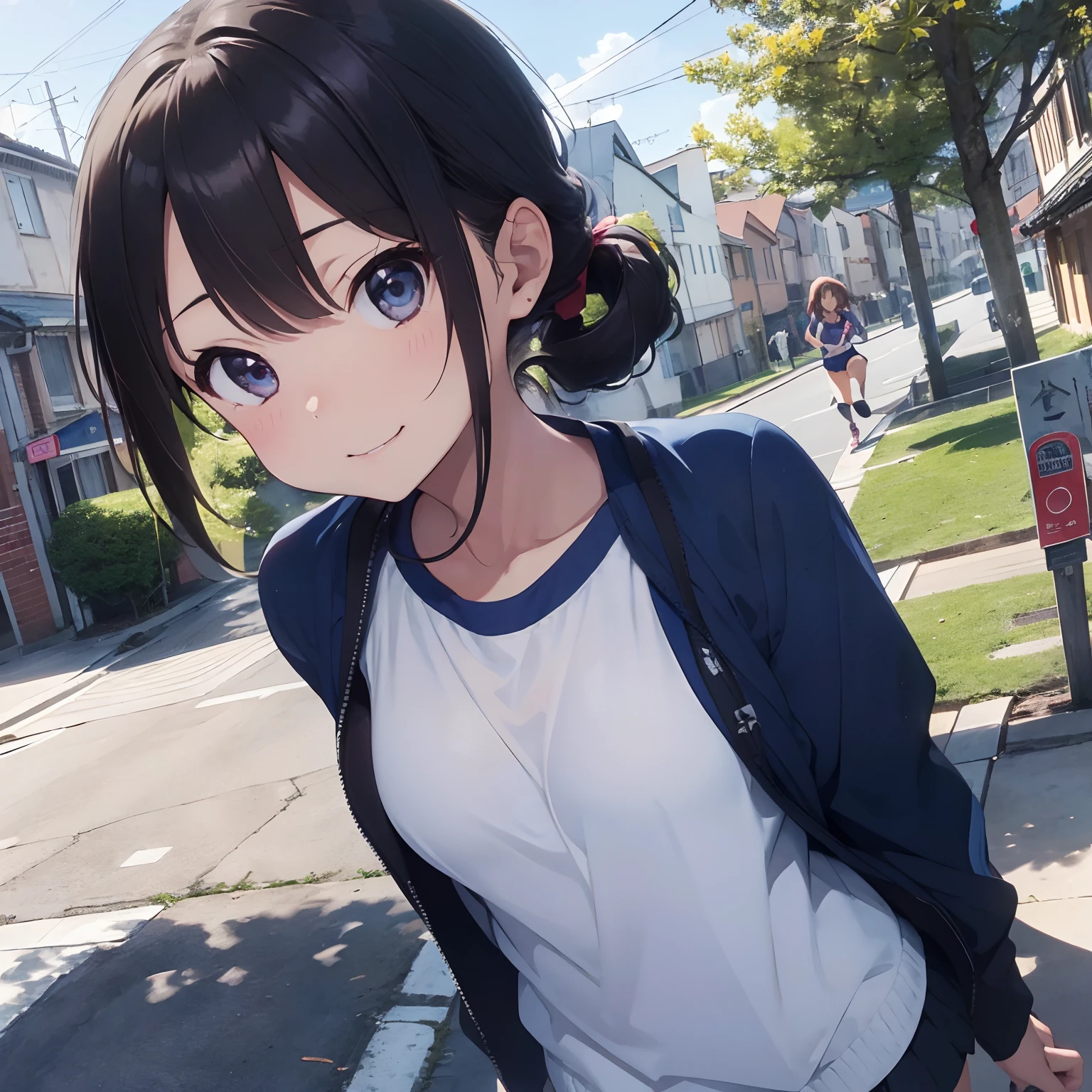 Anime girl with black hair and blue eyes walking down the street - SeaArt AI