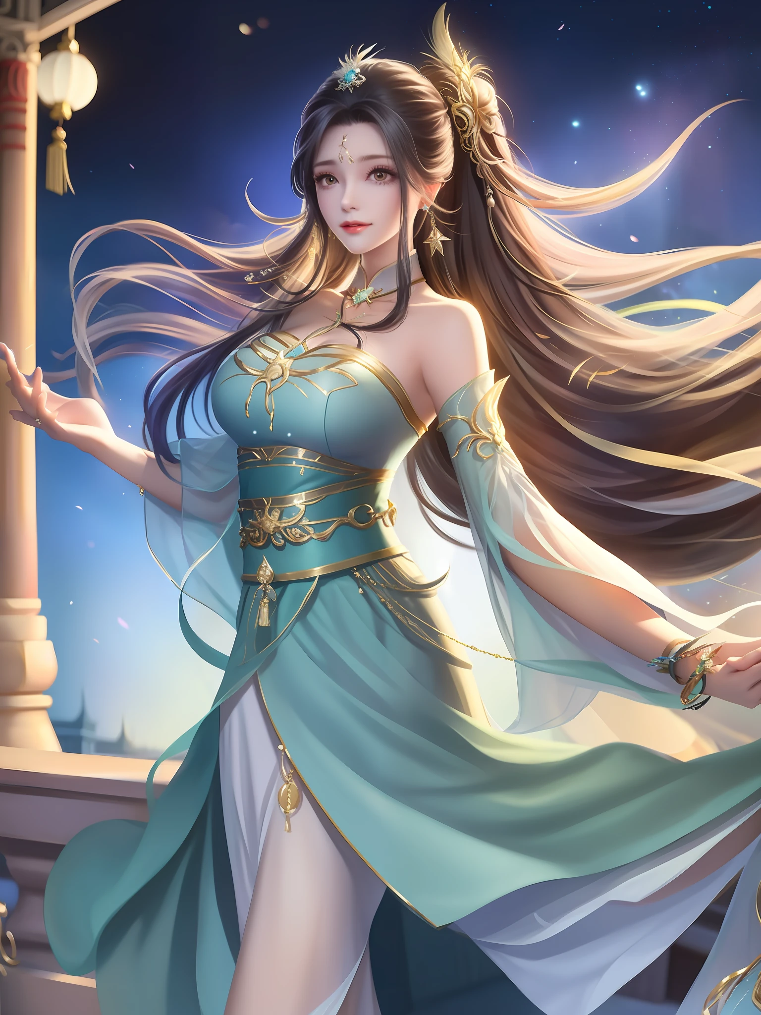 1girll, Mature female, Cityscape, Night,view the viewer, Long hair, dress,hair adornments, Bare shoulders, jewelry, Cowboy shot, Earrings, sash, Chinese clothes, Long dress, Obi, pony tails, arms back behind,