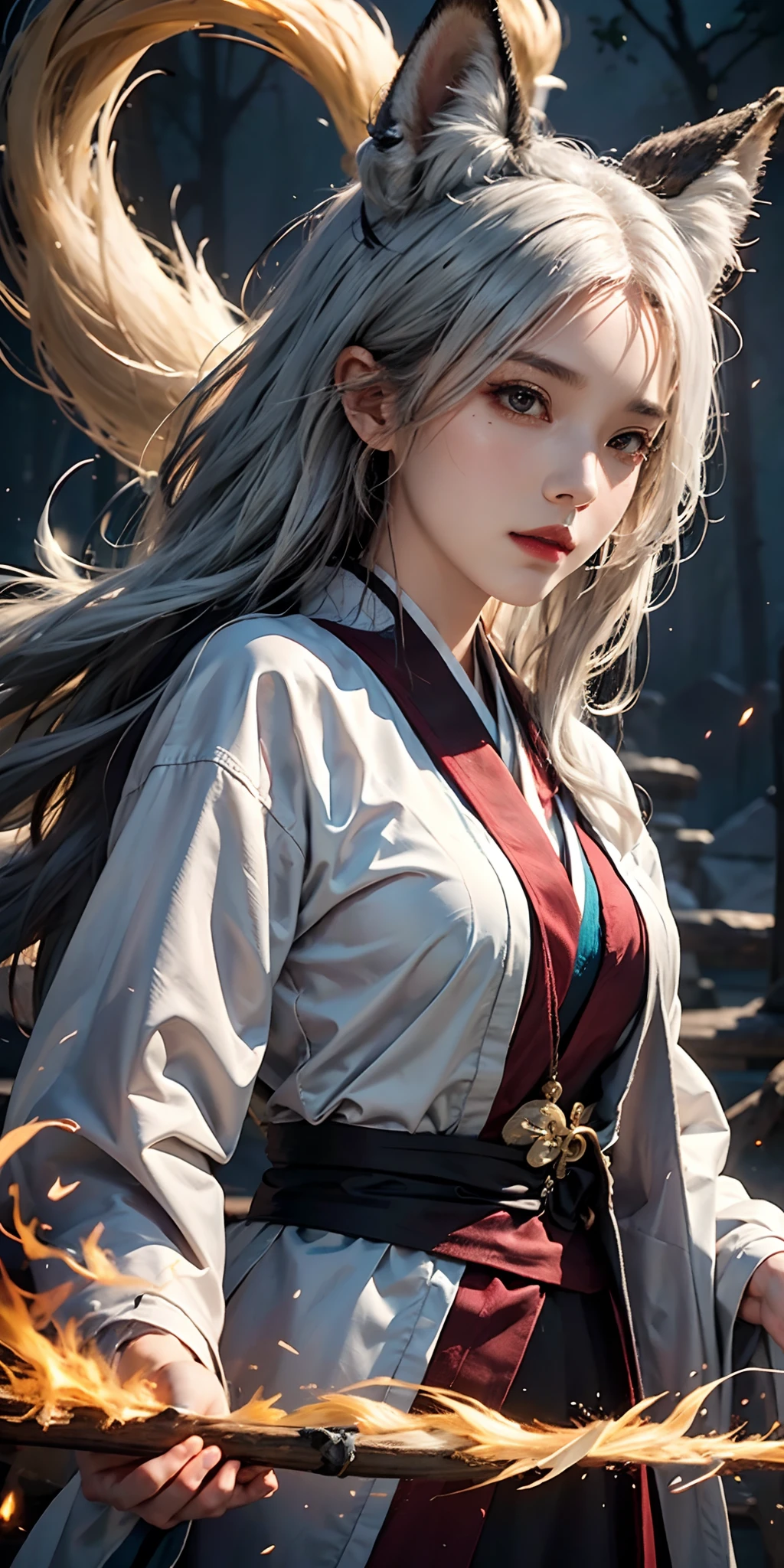 1girl,solo, official art, unity 8k wallpaper, ultra detailed, beautiful and aesthetic, beautiful, masterpiece, best quality, Kitsune witch, fox mask, haori jacket, foxfire spell, fox familiar, transformation,depth of field,