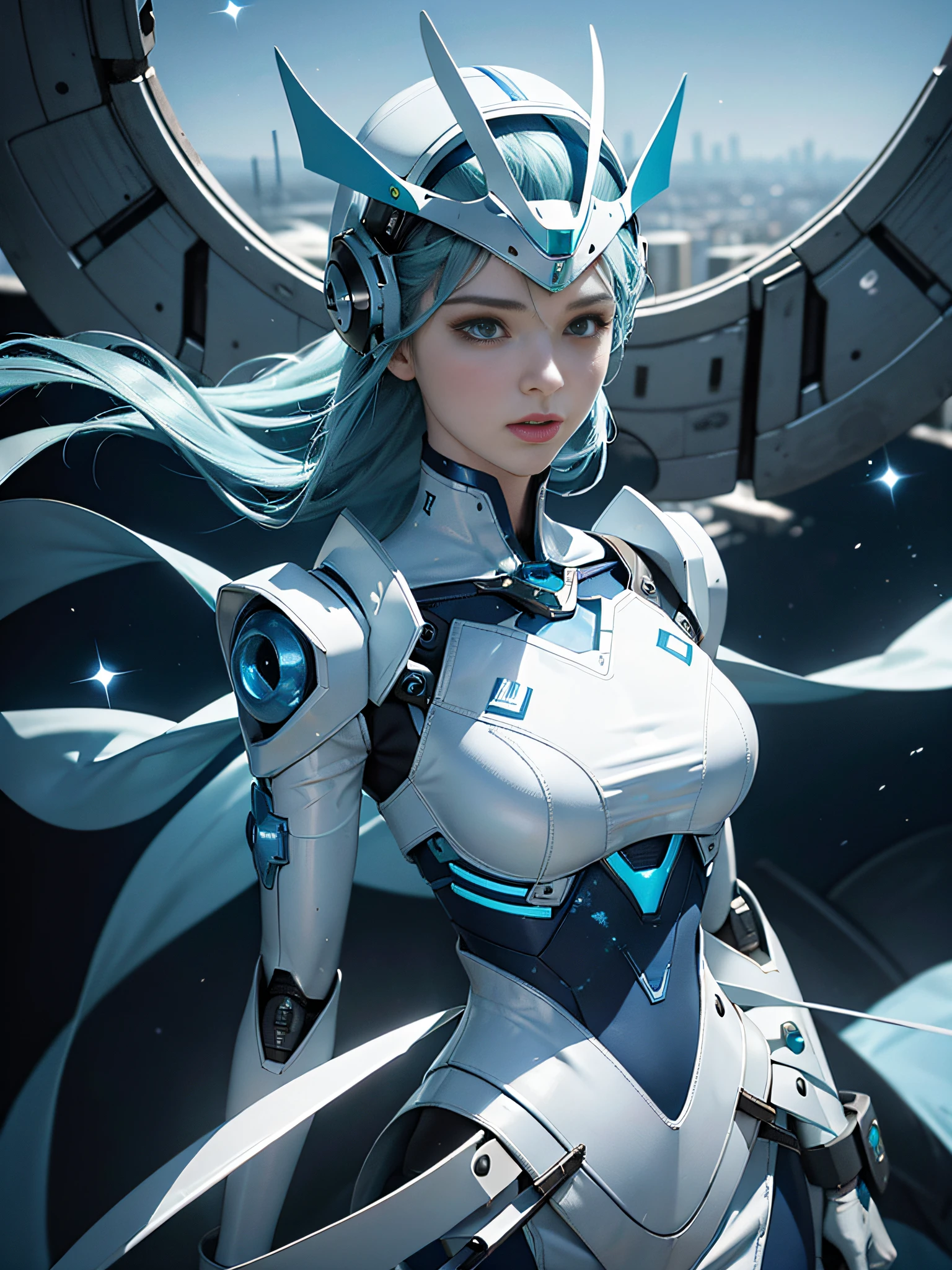 (Masterpiece,Best quality),robot,Upper body blue white metal,Main lower body white metal,There is a circular green glowing part on the chest,There are two folding knives on the back of the hand,Flying state,When flying,over the city,there are blue particles floating on the back,Wearing a blue and white helmet
