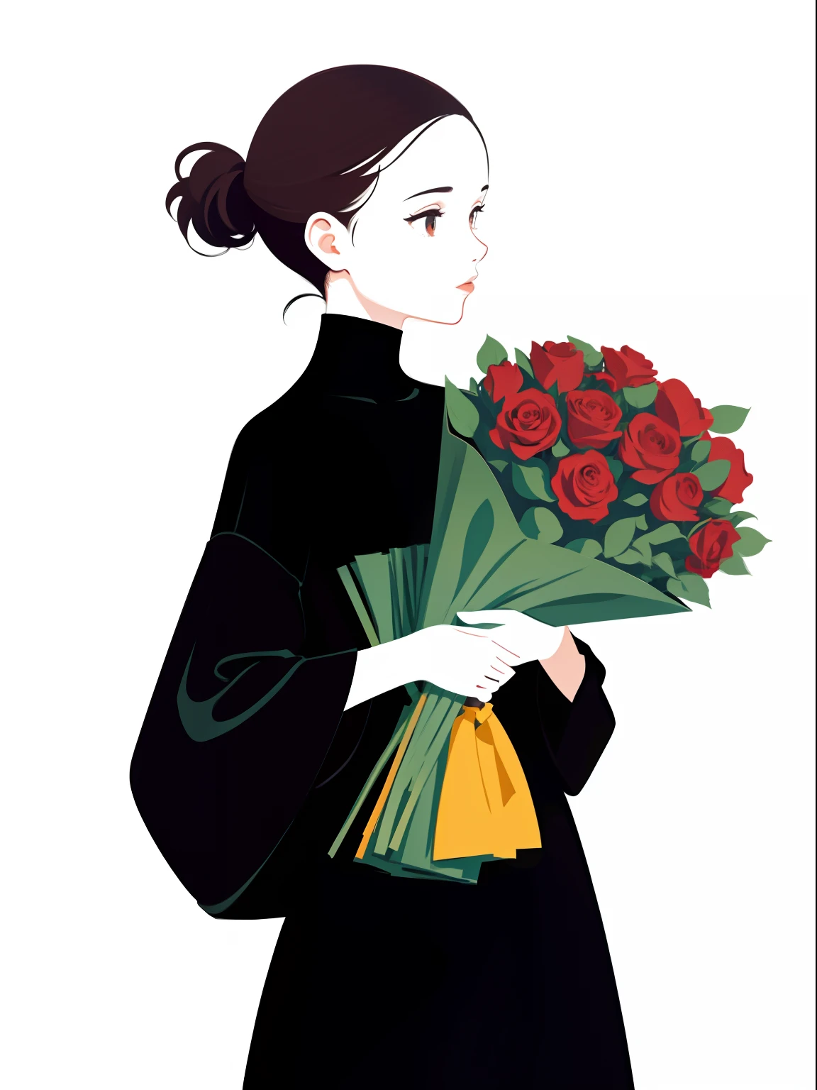 Une fille portant un gros bouquet de roses, dans le style du minimalisme figuratif, palette de couleurs chaudes, utilitaire, formes et lignes organiques, illustration, Design danois, face à l&#39;avant, fond blanc, illustrations plates --ar 9:16 --niji 5 -