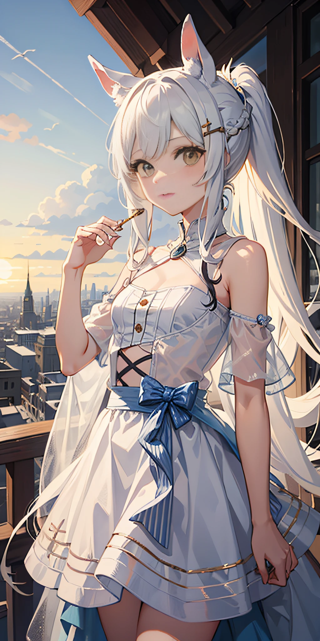 Masterpiece, Best quality, High quality, 1girll，Solo, Male focus, view the viewer, White horse ears，Long white single ponytail hair，White color hair，Long hair and waist，Flat bangs，Lunette de soleil