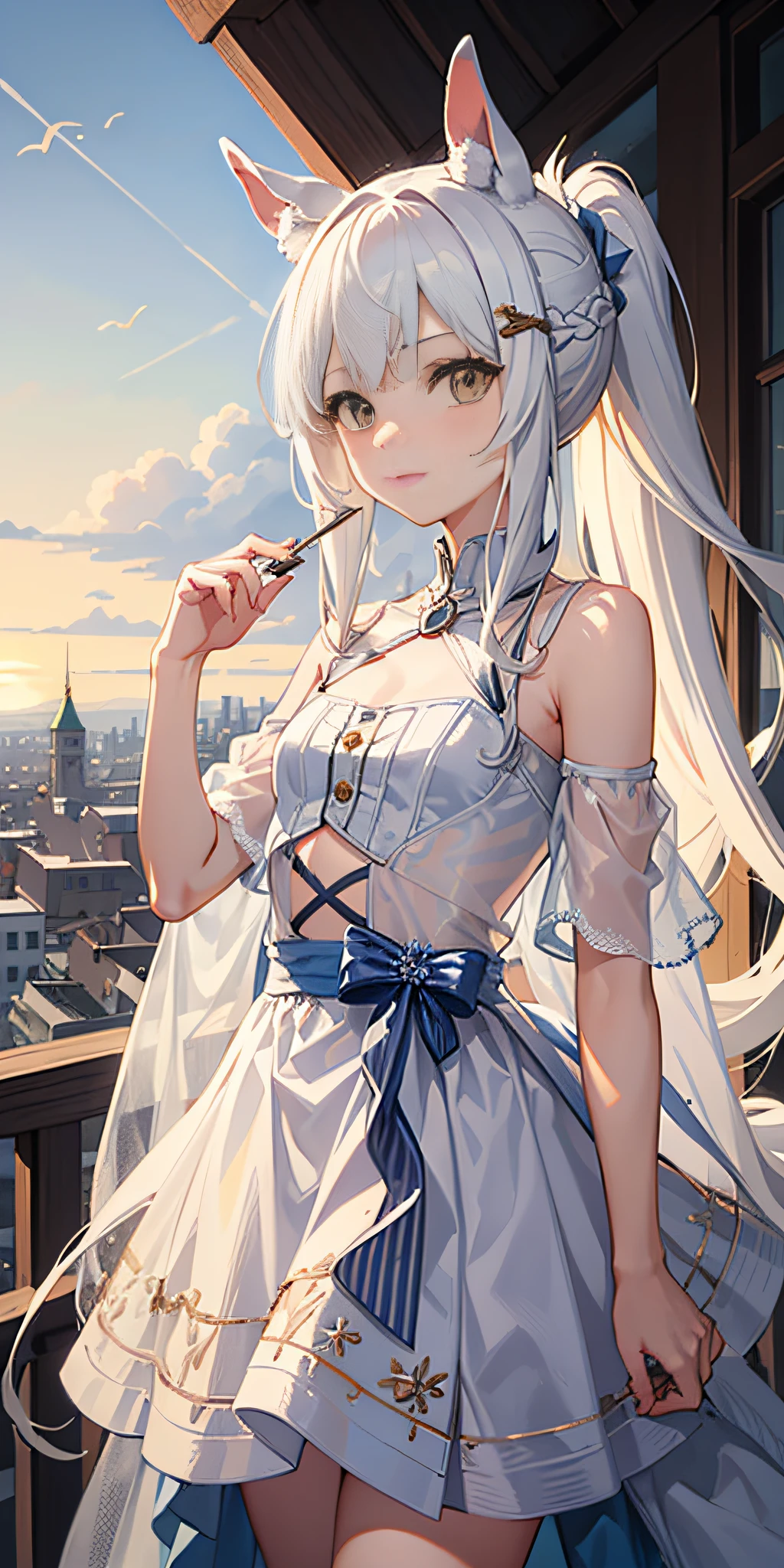 Masterpiece, Best quality, High quality, 1girll，Solo, Male focus, view the viewer, White horse ears，Long white single ponytail hair，White color hair，Long hair and waist，Flat bangs，Lunette de soleil