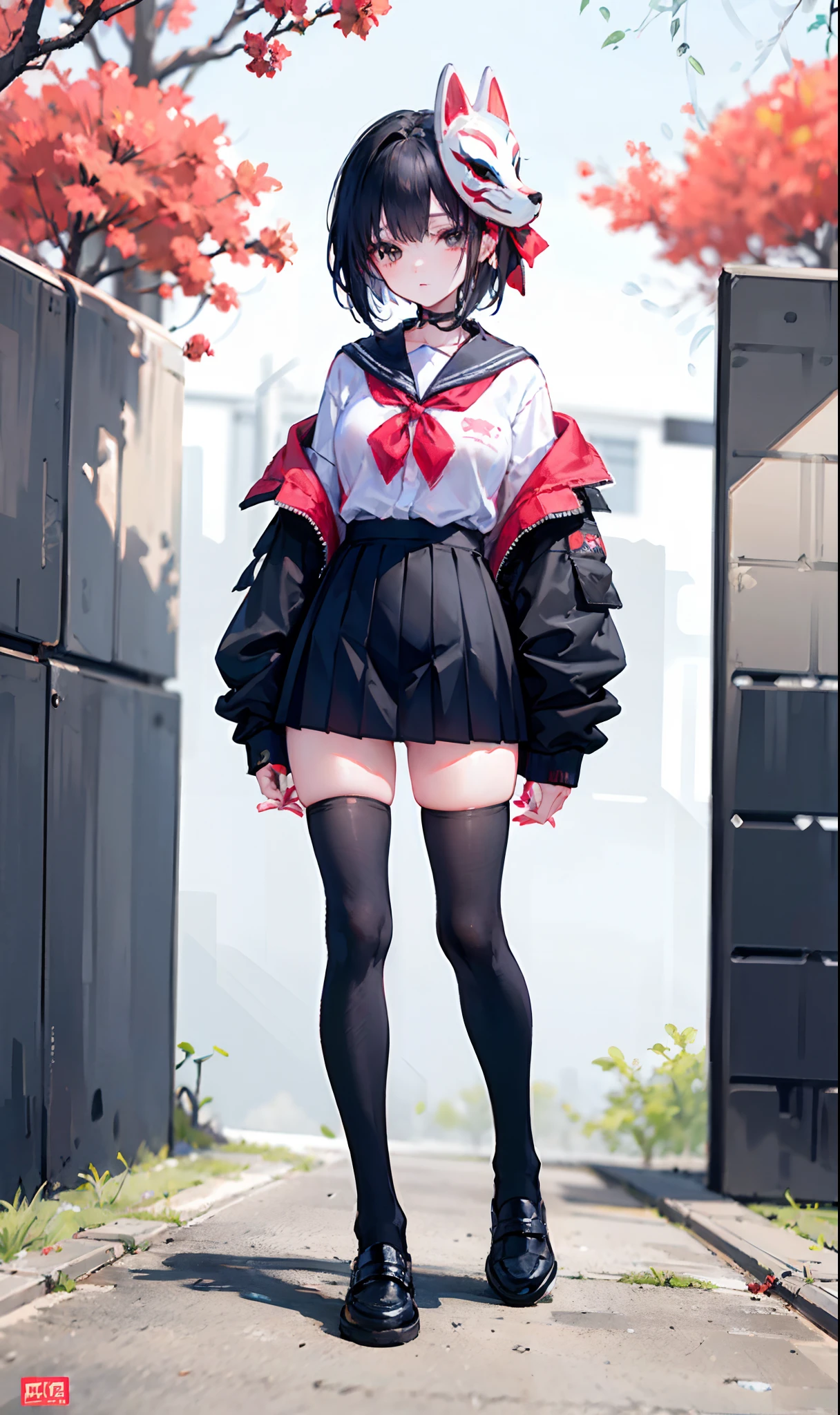 1girl, short black hair, black eyes, wearing a fox mask, wearing white shirt with blue sailor collar, red bow, blue skirt, white thighhigh sock, black shoes, fullbody, school yard, standing next to a blossom tree, absurdres, high res, ultrasharp, 8K, masterpiece, looking at viewer