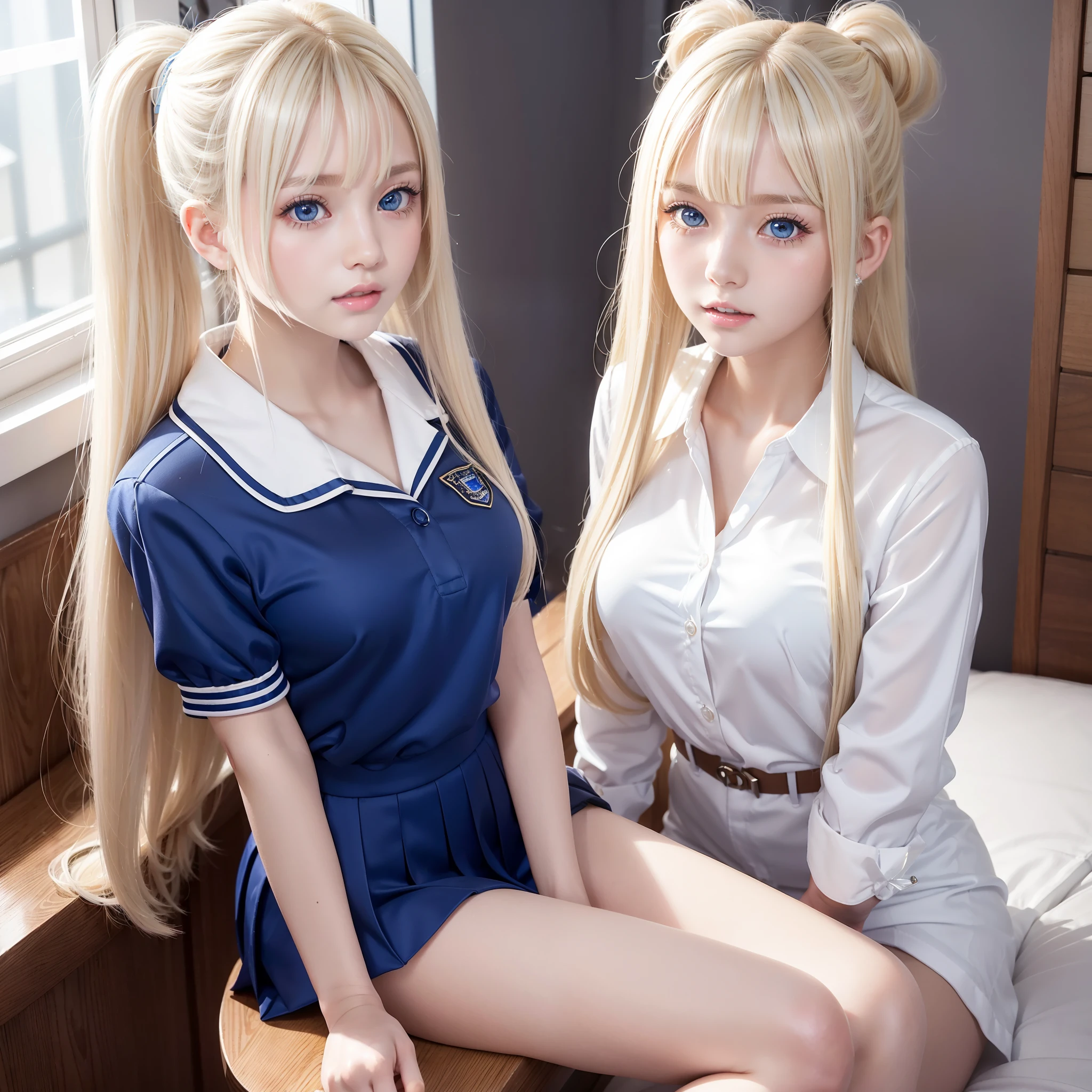 portlate、School Uniforms、bright expression、poneyTail、Young shiny shiny white shiny skin、Best Looks、Blonde reflected light、Platinum blonde hair with dazzling highlights、shiny light hair,、Super long silky straight hair、Beautiful bangs that shine、Glowing crystal clear attractive big blue eyes、Very beautiful nice cute  girl、Lush bust