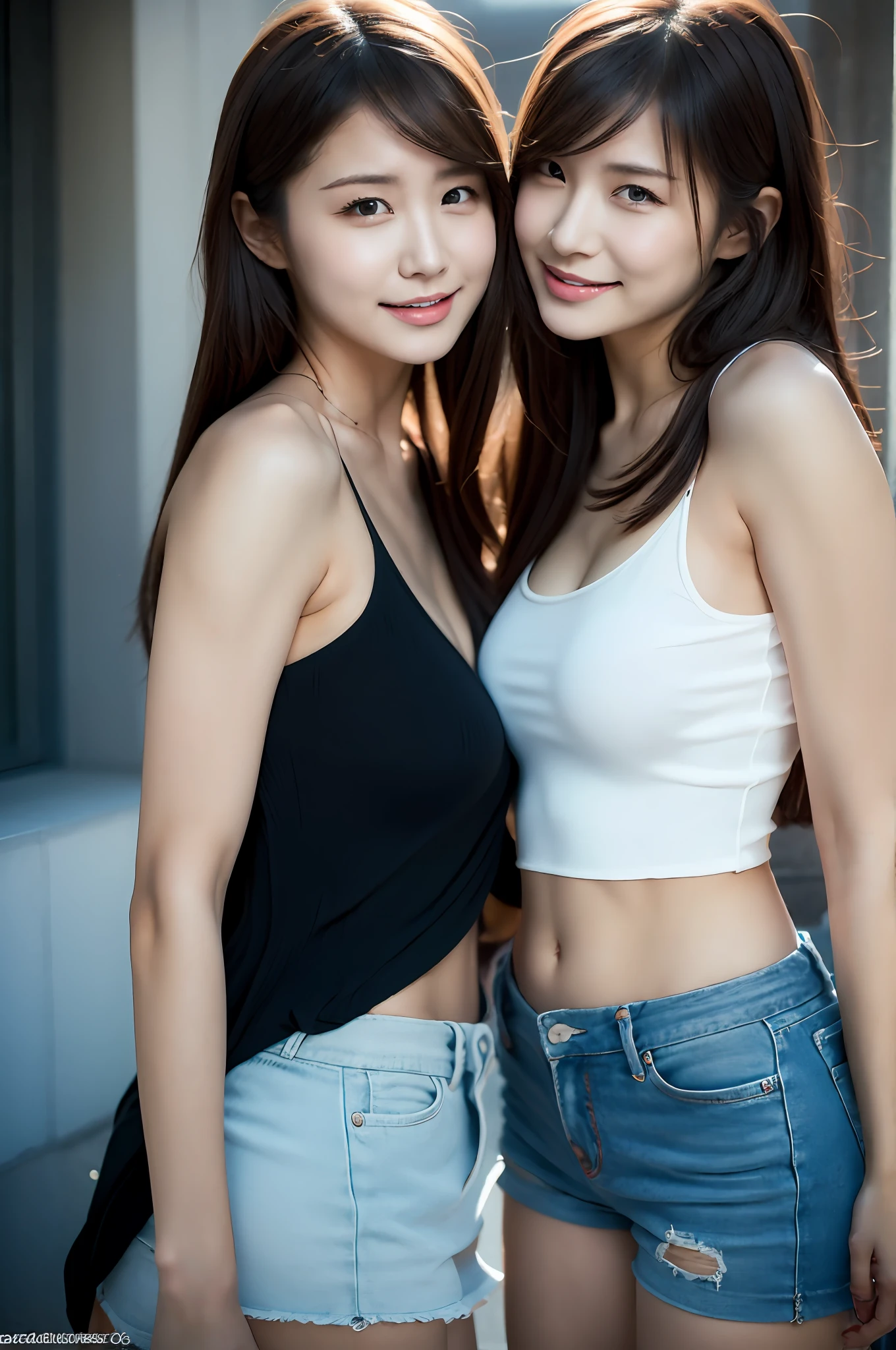 Two asian women posing for a picture in a white tank top and blue shorts -  SeaArt AI