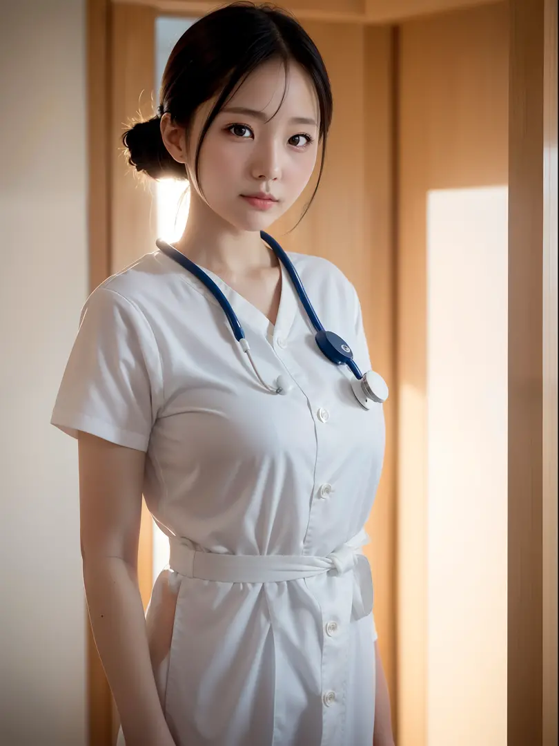1girl in, a matural female, Nurse, Low steamed bun, Photo, Realistic, Best Quality, Hires, Detailed face, full bodyesbian, Hospi...