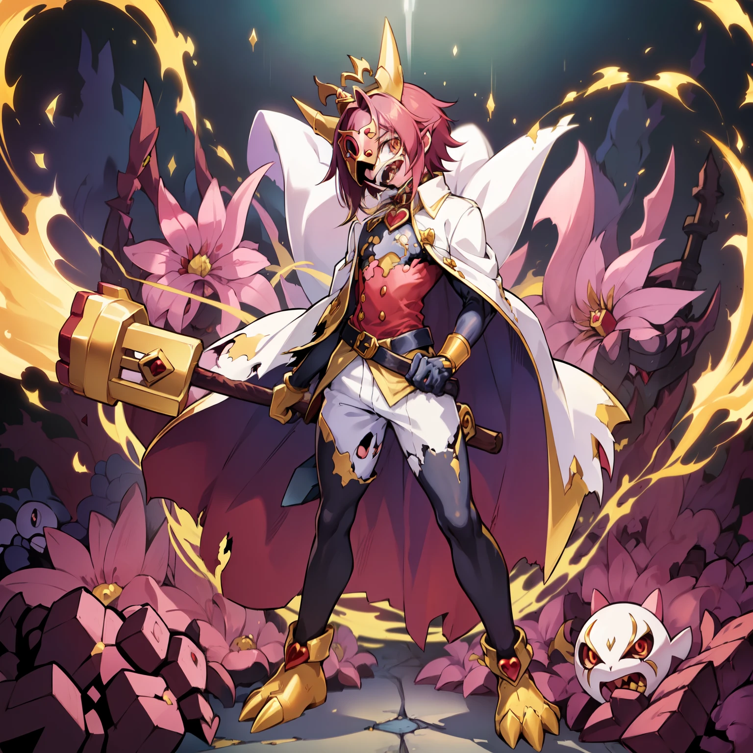 ((masterpiece, best quality:1.2), solo, male focus, ((1boy)), ((riddle rosehearts as a Digimon 1.0)), ((Evil)), laughing ,Crazed look, looking down at viewer,(( holding an Ax)), mini crown, white shirt, cape, Pants ((white , black ,red and gold color scheme:1.4)),((queen of hearts themed 1.1)), (( Flower monster Boy)), fairy ,digimon \(creature\),(( eyes covered by mask)),((broken hearts)) Attacking, Dynamic pose