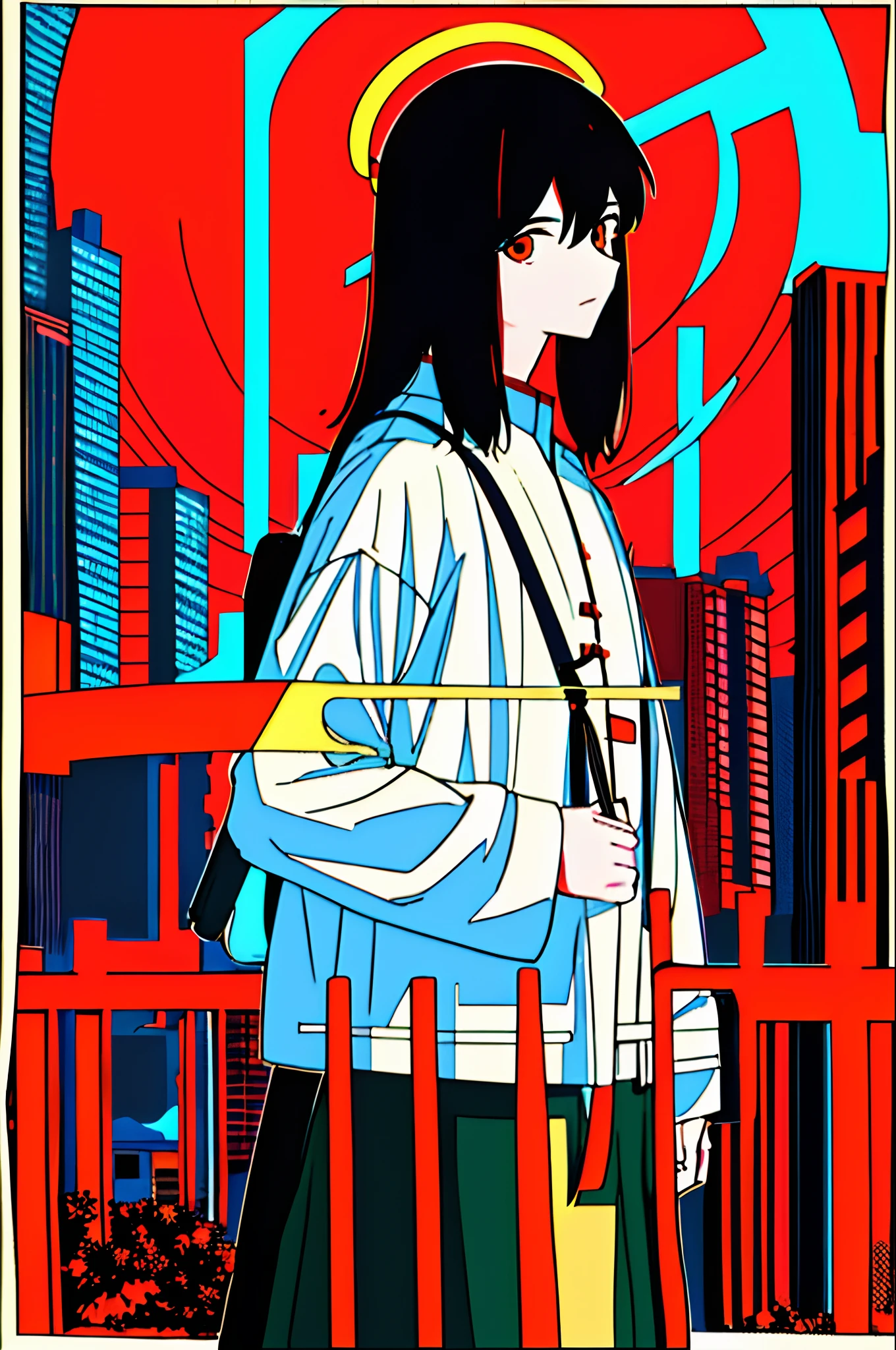 Masterpiece, Best quality, Flat color, limited palette, Low contrast, (Clear lines), 1boys, Black color hair, Beautiful detailed face,Halation, Take your eyes off your backpack, Naked boy standing. Smoke, Night sky, City, Sunset, skyscrapper, bridge, road signs, Depth of field, border, Naked male black, Red, orange, brown, Autumn, haze，