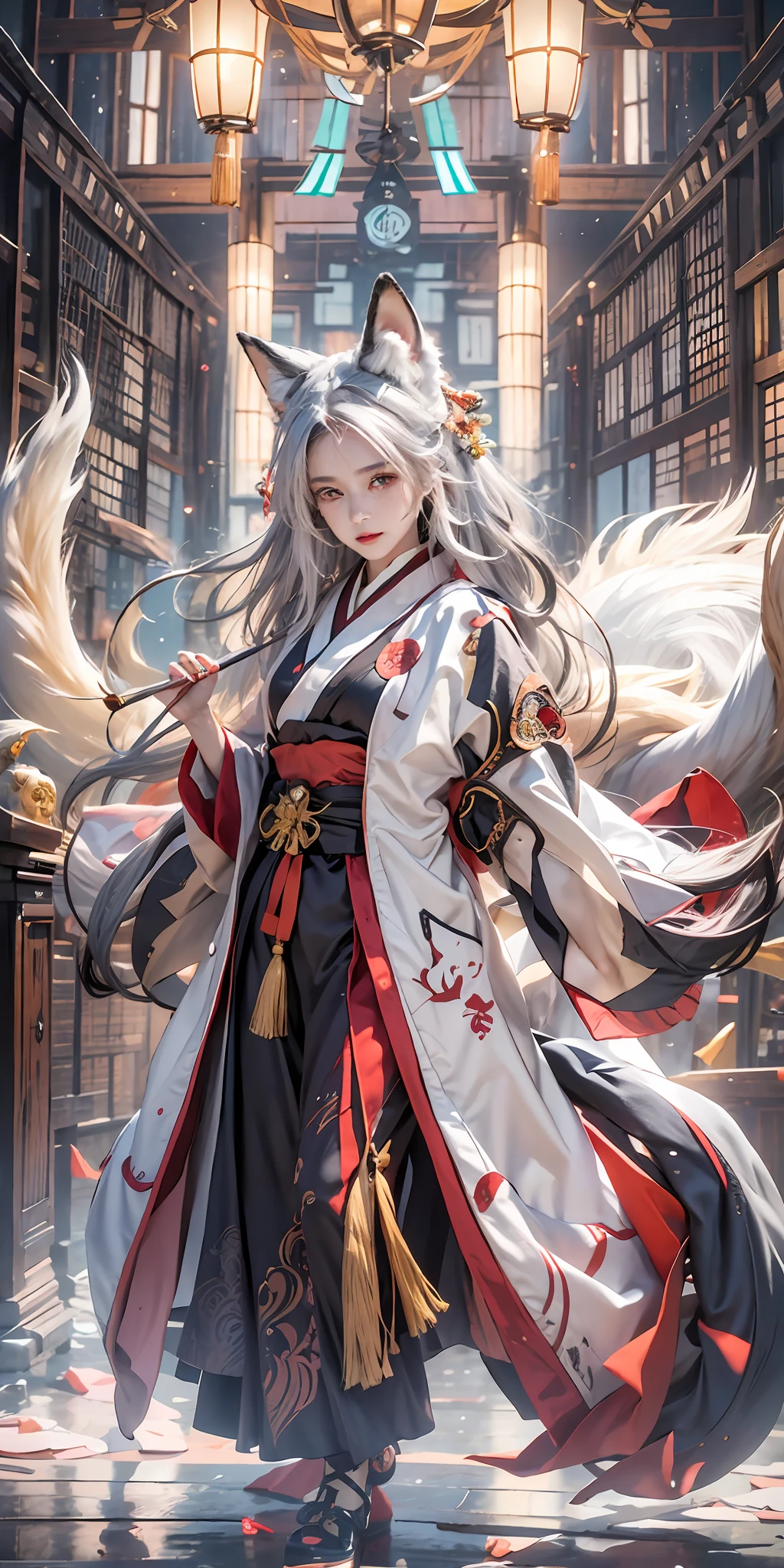 1girl,solo, official art, unity 8k wallpaper, ultra detailed, beautiful and aesthetic, beautiful, masterpiece, best quality, Kitsune witch, fox mask, haori jacket, foxfire spell, fox familiar, transformation,depth of field,
