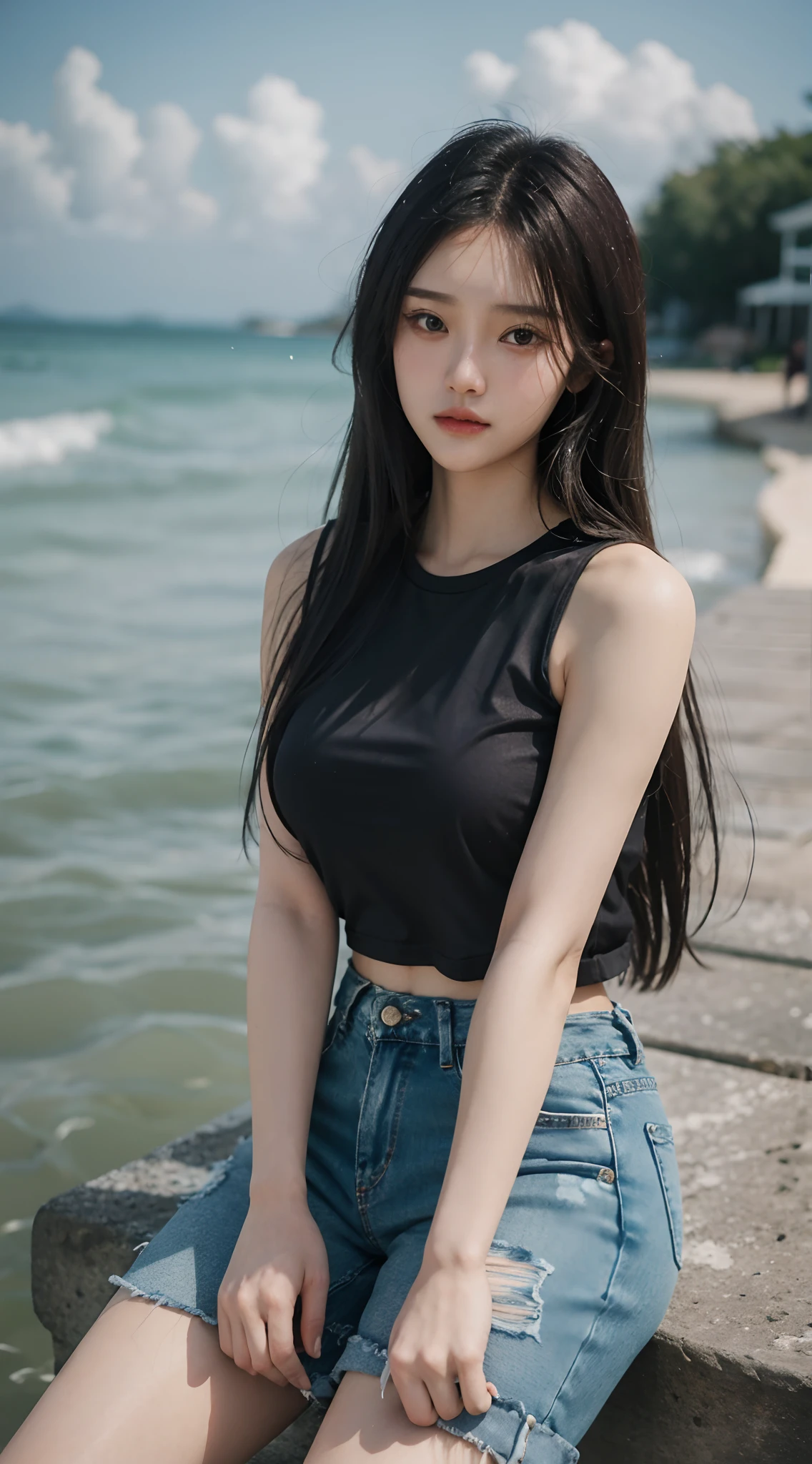 Asian woman by the sea，sexy for，Lightweight denim shorts，shorter pants，Skinny T-shirt，2 2 years old，thicc，She was about 26 years old，Height 170 cm，korean people，Delicate face，realisticlying，goddes，very Bigger breasts