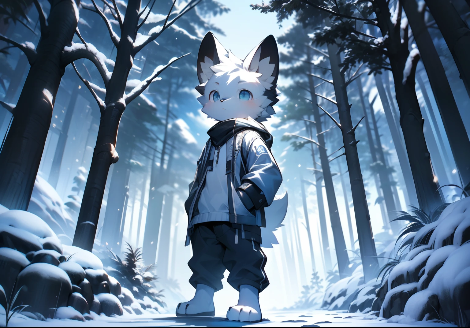 Libido boy，furry wolf，((shota)), Black and white hair, Very good figure, Handsome，adolable, Light：dark，glowworm，the night,No light ，nigth，，Reflective skin,Reddish skin，((worn-out clothing，Commoner)) ，((Deep in the forest，snow landscape，Stone path，Signs，solo，solo person))，exteriors，((the detail))，（depth of fields），standing on your feet