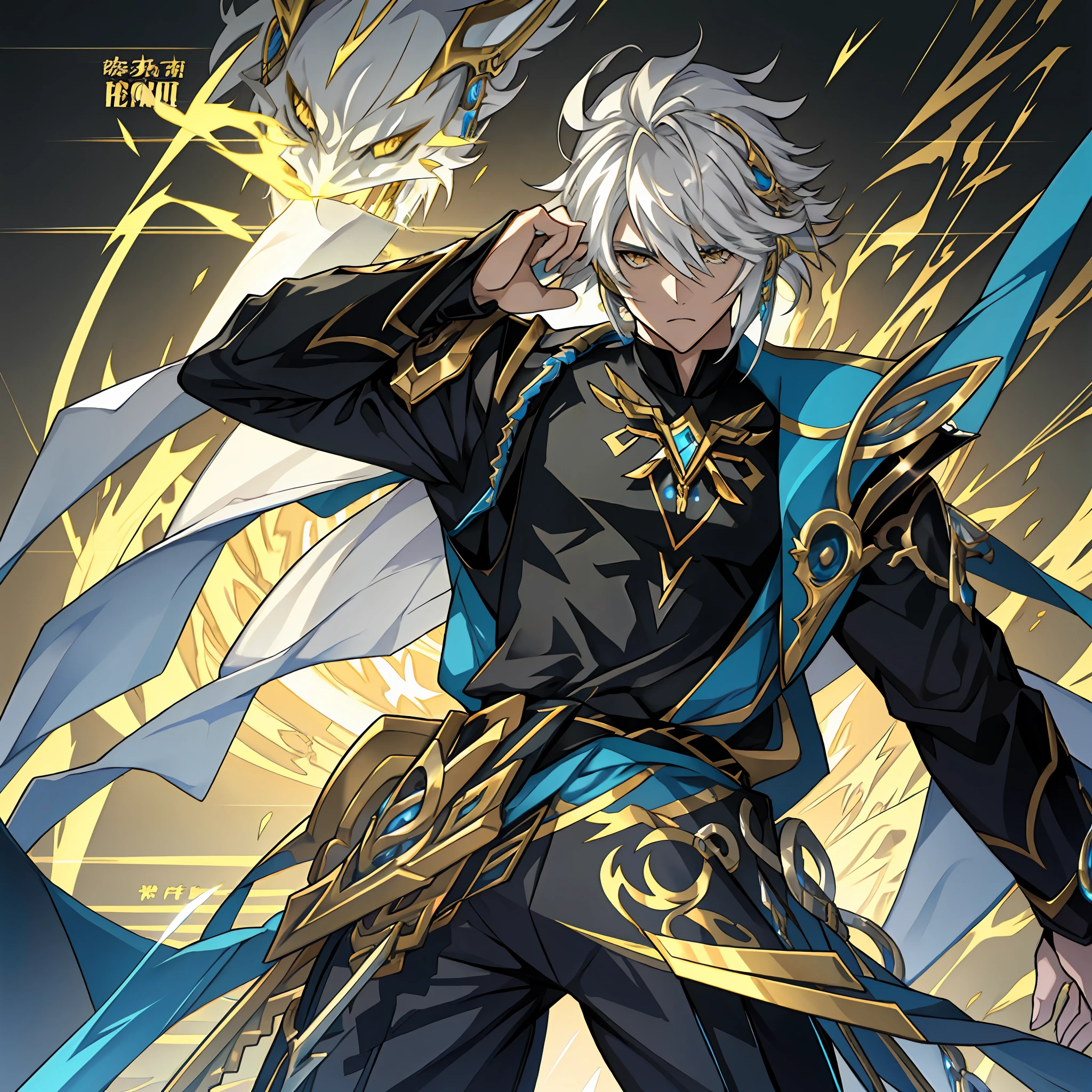 Anime male character with long white hair and yellow eyes standing in front of lightning, portrait of dragoon, Key anime art, White-haired god, Detailed key anime art, akasuki voidstar, Keqing from Genshin Impact, inspired by Li Chevalier, offcial art, hajime yatate, Portrait knights of the zodiac, shadowverse style