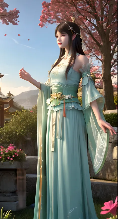 Under the bright spring sun，A costumed goddess dressed in gorgeous Chinese costumes，Standing quietly in the sea of mountains and...