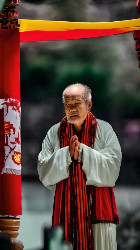 an 8k ultra-realistic raw photo，han chinese，a bald old man，wearing a robe with red and yellow panels，buddha，prayer beads，temple，...