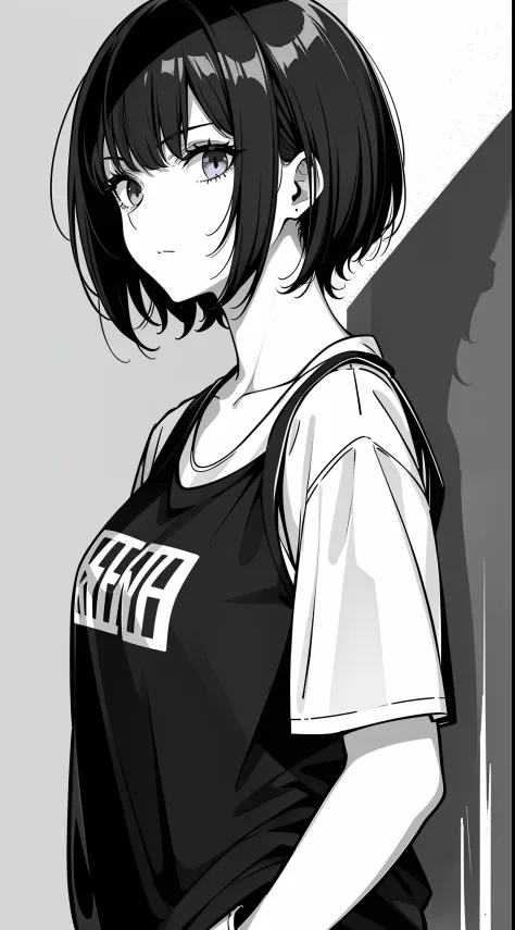 girl, side portrait, black and white, messy short hair, edgy accessories,sporty style, casual t-shirt, confident gaze, monochrom...