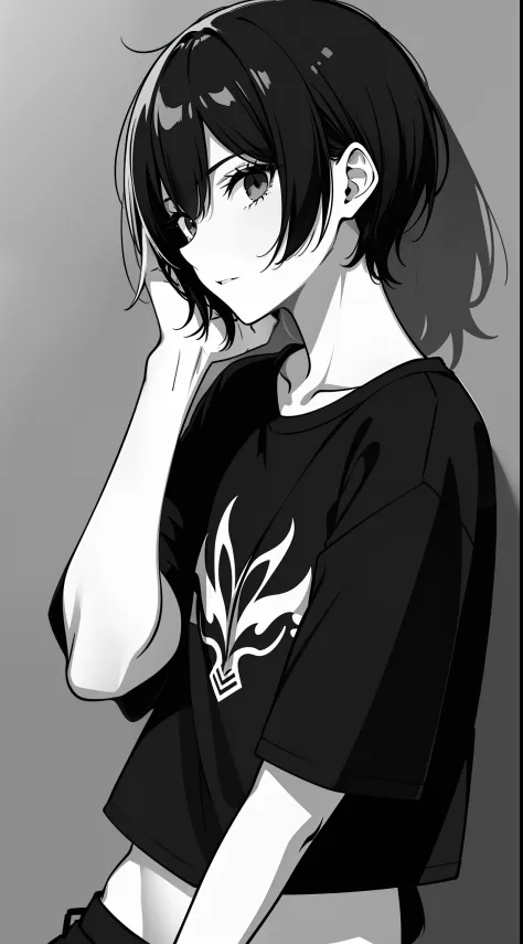 girl, side portrait, black and white, messy short hair, edgy accessories,sporty style, casual t-shirt, confident gaze, monochrome color scheme, looking to the side, chic street fashion, casual hands in pockets pose,head