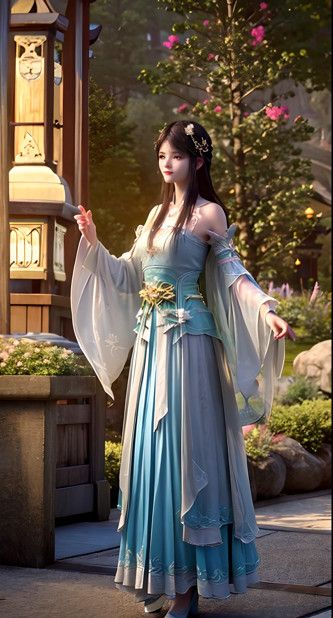 Under the bright spring sun，A costume goddess dressed in gorgeous Chinese costumes，Standing quietly in the sea of mountains and rivers。Her face is beautiful，Like orchids in the valley，Immortal overflow。Wearing a lilac silk dress，With a gentle swing，It gives a dreamlike feeling。

Her hair was coiled，Decorated with gold and emerald hairpins，Elegant and dignified。The tassels on the forehead sparkle in the sun，It further highlights her noble temperament。Her eyes are like clear lake water，It's a year to be。

The surrounding sea of flowers is like a huge picture scroll，Luxuriant peonies、Delicate lilies、Fragrant jasmine flowers intertwine，Colorful ocean formation。Floral fragrance pervades，Intoxicating。The goddess stood quietly in the sea of flowers，As if integrated with these flowers，It's like a perfect landscape painting。

The sun shone on her face through the gaps in the leaves，It was like giving her a soft glow。A fresh breeze blew through，Her long dress fluttered in the wind，Like fairies under mortals。Butterflies dance among the flowers，It seems to be providing her with a beautiful dance。

The whole scene is breathtakingly beautiful，It's like a wonderland on earth。The goddess of Hanfu stands in the sea of mountains and rivers and flowers，It gives the feeling of traveling through time and space，Let people immerse themselves in this beautiful picture。