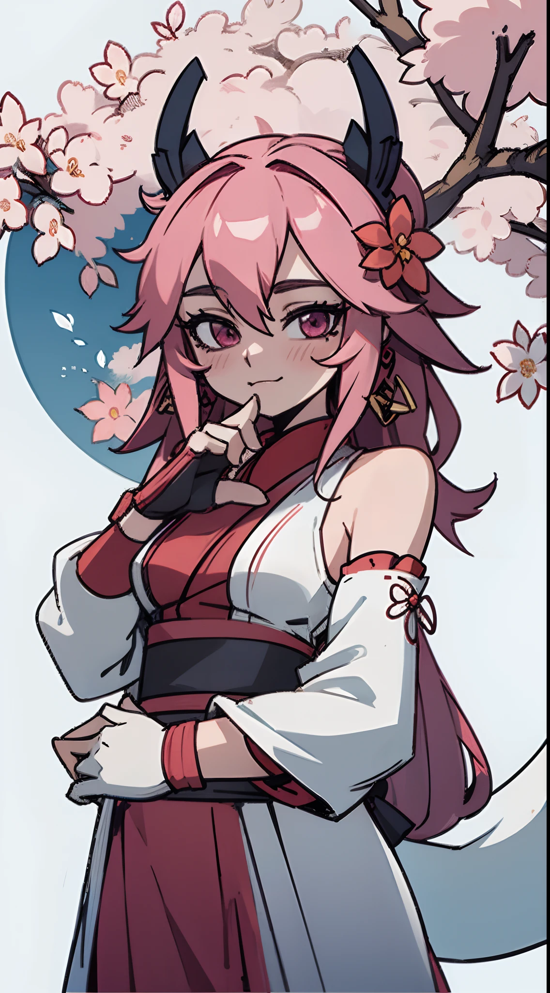 yae miko, 1girl, \n/, animal ears, bare shoulders, blush, breasts, cherry blossoms, closed mouth, detached sleeves, earrings, flower, fox ears, gem, hair between eyes, hair ornament, hand up, japanese clothes, jewelry, kimono, long hair, looking at viewer, medium breasts, miko, nontraditional miko, pink eyes, pink flower, pink hair, purple gemstone, short kimono, sidelocks, smile, solo, upper body, white kimono, ((masterpiece))