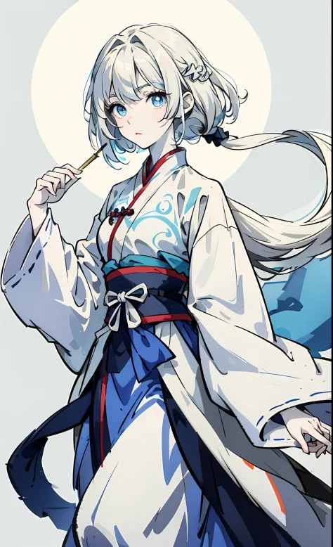 Anime 4K quality,Anime heroine，Royal sister，white color hair，White-colored skin，long whitr hair，Single horsetail，Light blue eyes，Hanfu