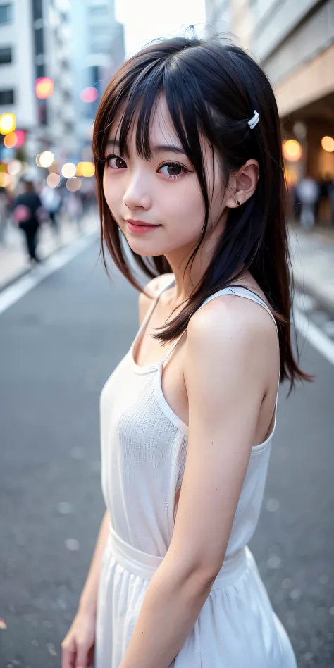 女の子1人、on tokyo street、natta、A city scape、city light、The upper part of the body、a closeup、A smile、、(8K、Raw photography、top-qualit...