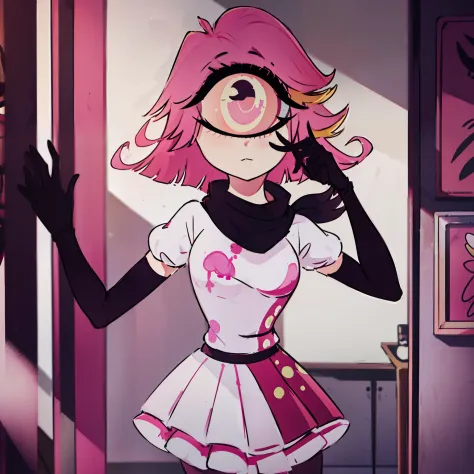 Niffty, 1girl,
(OriginalOutfit), (white shirt, pink skirt, gloves, black tights), cyclops, portrait, perfect anatomy, ai's pose