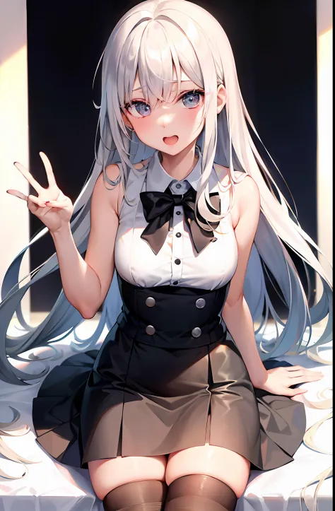 best qualtiy，超高分辨率，1girl，sleeveless white button shirt，a black skirt，Black collar，adolable，（Kpop idol），（aegyo sal：1），（Platinum blonde hair：1），（（There are God's eyes）），It looks like in front of the audience，full bodyesbian，facing the front there，black lence...