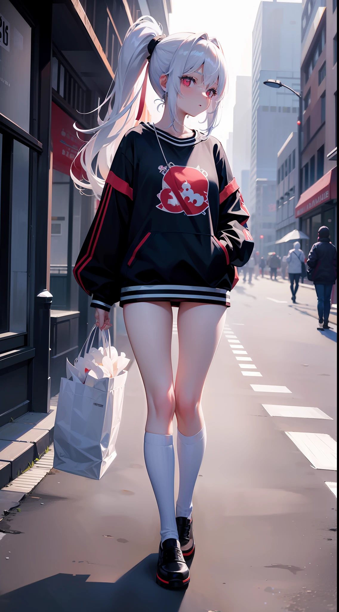 HighestQuali，tmasterpiece，Need，A high resolution，8K，Ray traching，1girll，White color hair，High ponytail，fullnude（Walk the streets of the city），NSFW