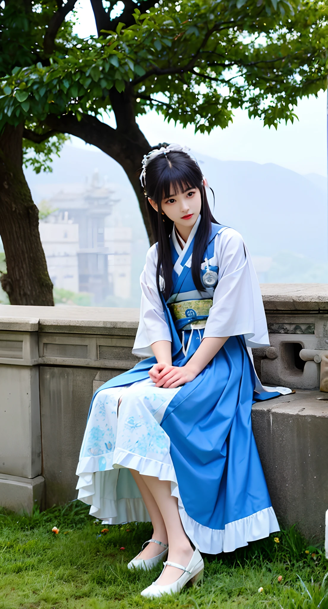 Araki in a blue and white dress stands on the grass, full-body xianxia, Inspired by Lan Ying, Inspired by Qiu Ying, inspired by Du Qiong, inspired by Li Mei-shu, Inspired by Li Tang, inspired by Leng Mei, Palace ， A girl in Hanfu, Chinese costume, heise jinyao