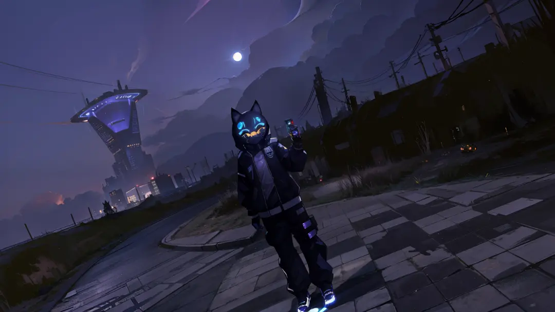 there is a man in a cat mask standing on a sidewalk, vrchat, in front of a sci fi cityscape, distant full body shot, one blue ) ...