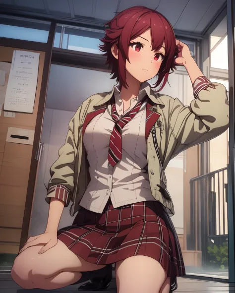 1girl, redhad,schoolgirl  (intricate details:0.9), (hdr, hyperdetailed:1.2) tomo chan , full body , tom boy