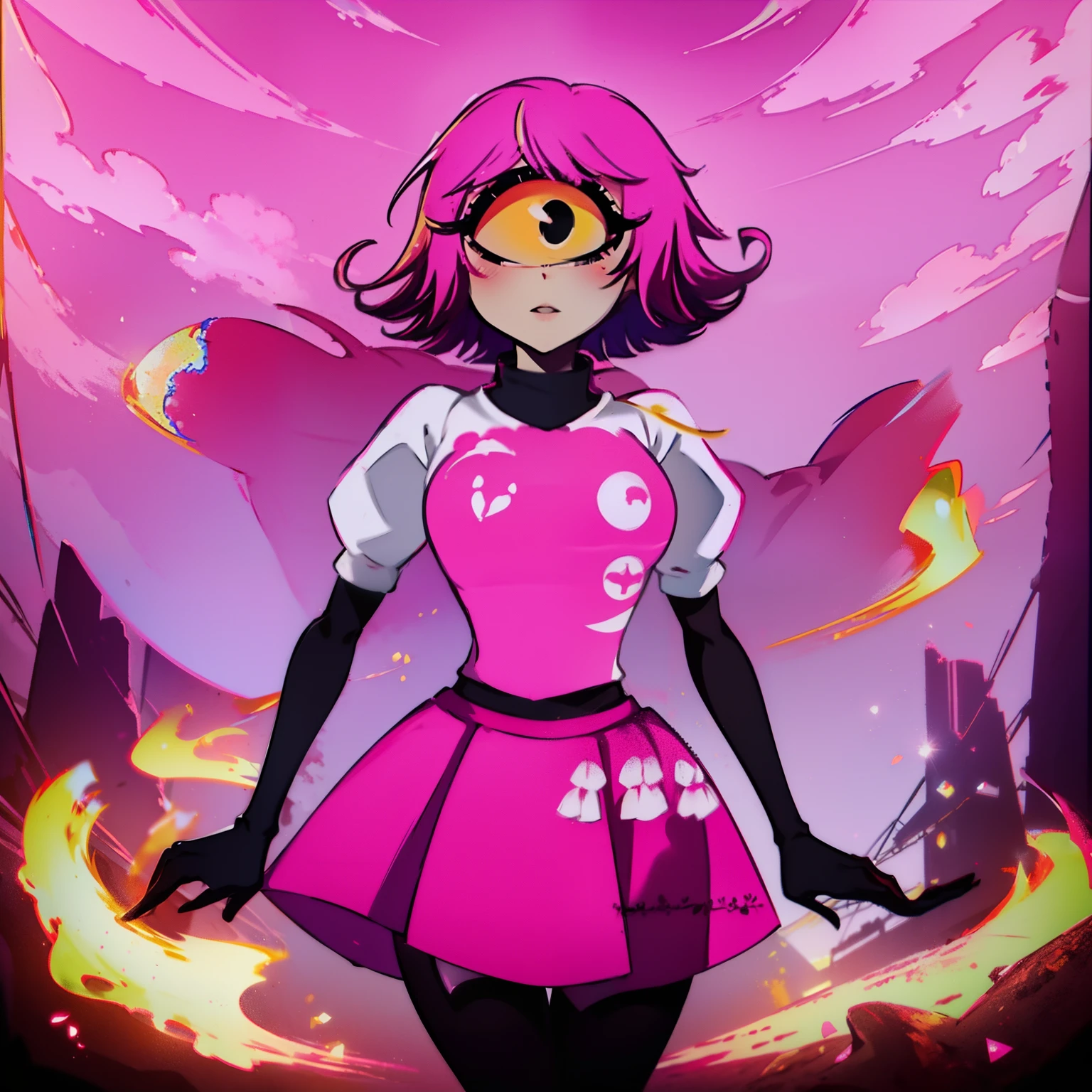 Niffty, 1girl,
(OriginalOutfit), (white shirt, pink skirt, gloves, black tights), cyclops, perfect anatomy