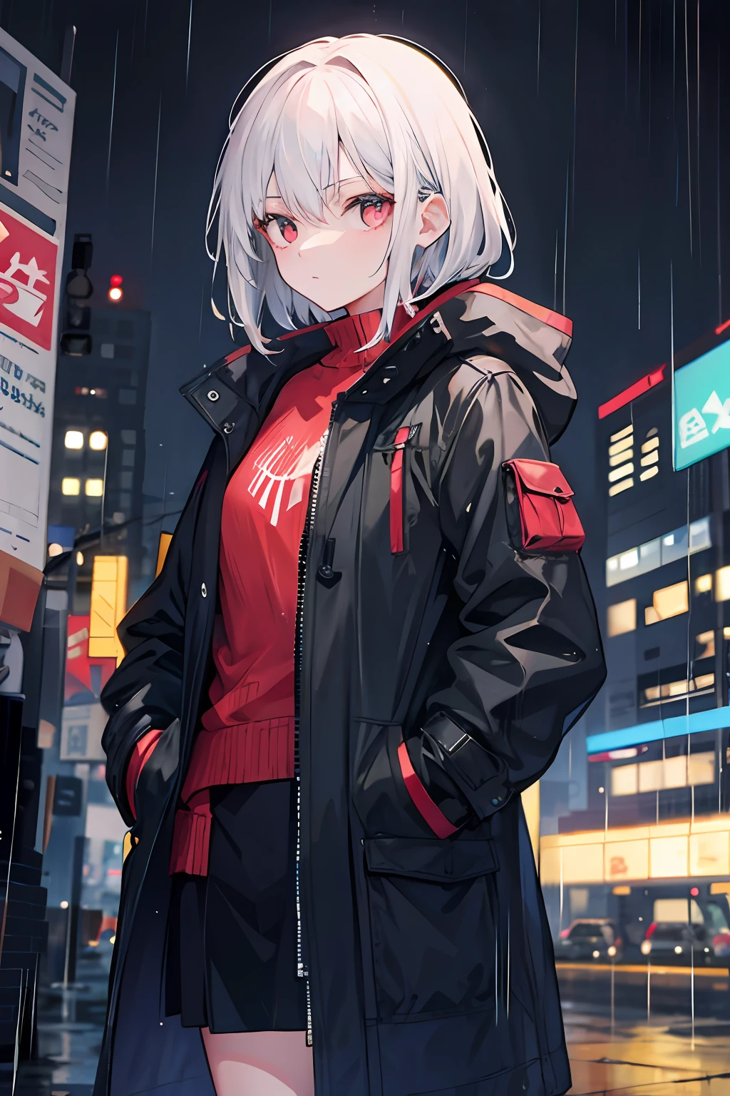 1girl, Night City, rain, coat, hands in pockets