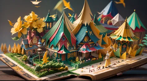 （popup book：1.5），（An amusement park），（origami art），（plethora of colors，Best quality，detail detail，tmasterpiece，folk art，Cinematic lighting effects，4K，Chiaroscuro）
