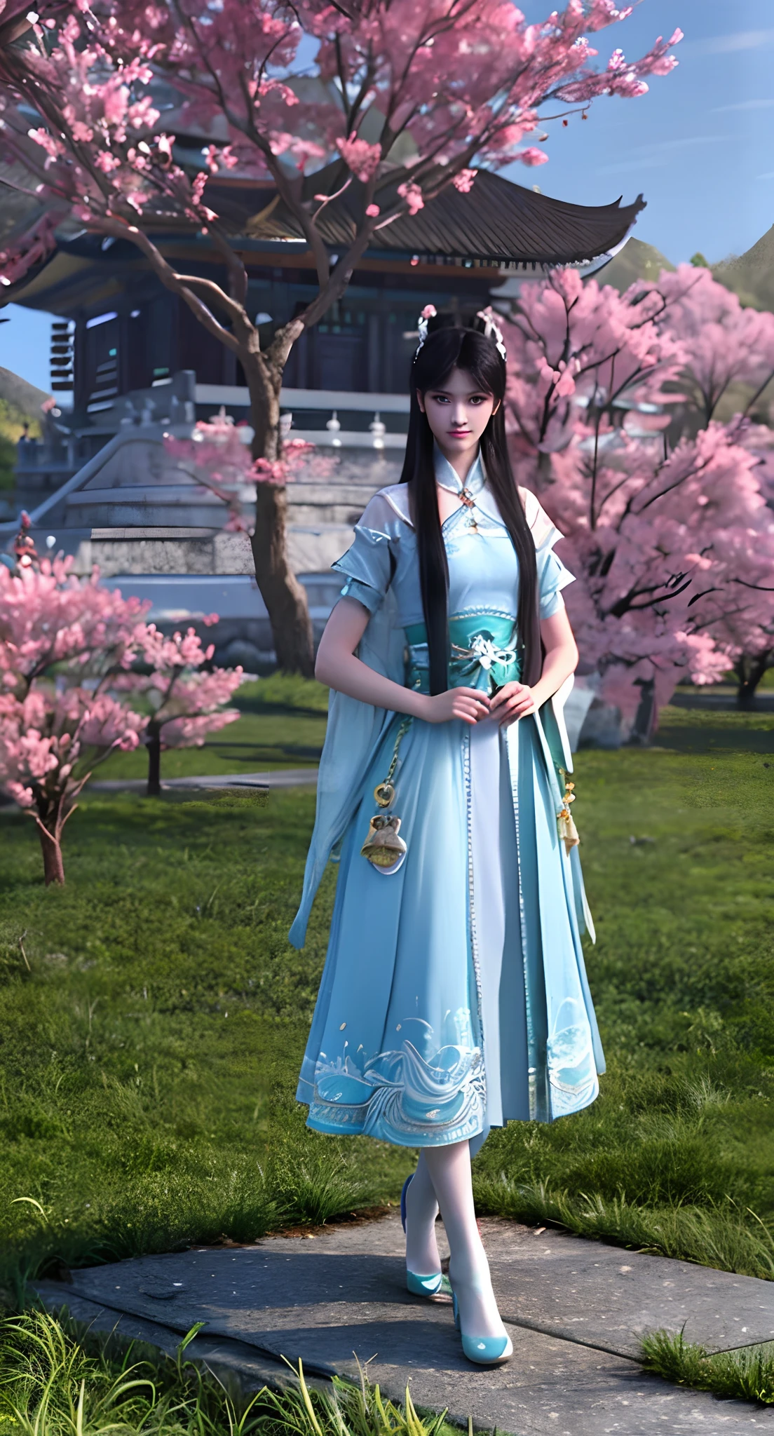 Araki in a blue and white dress stands on the grass, full-body xianxia, Inspired by Lan Ying, Inspired by Qiu Ying, inspired by Du Qiong, inspired by Li Mei-shu, Inspired by Li Tang, inspired by Leng Mei, Palace ， A girl in Hanfu, Chinese costume, heise jinyao