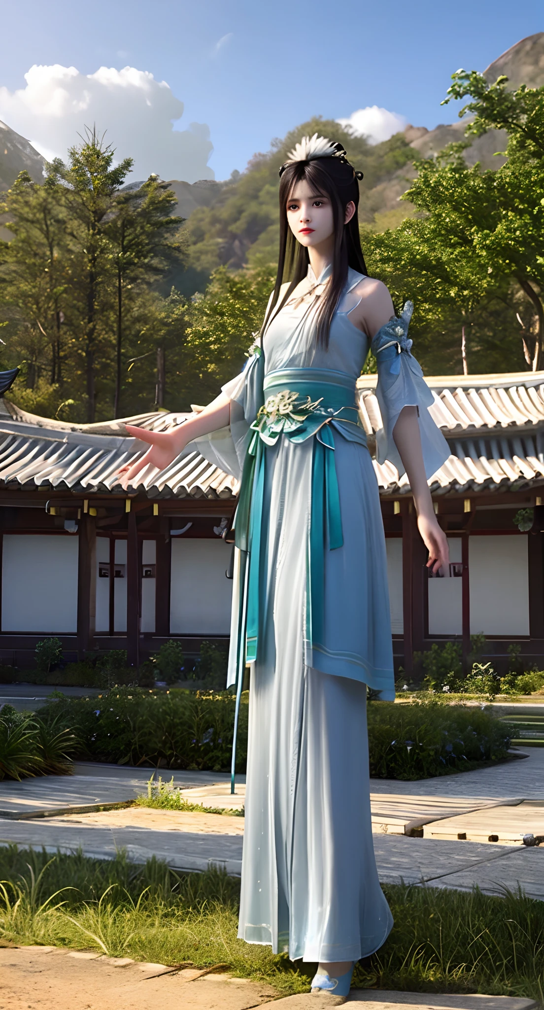 Araki em um vestido azul e branco fica na grama, xianxia de corpo inteiro, inspirado em Lan Ying, Inspirado por Qiu Ying, inspirado em Du Qiong, inspirado em Li Mei-shu, inspirado em Li Tang, inspirado em Leng Mei, Palácio ， uma garota em hanfu, Traje Chinês, Heise Jinyao