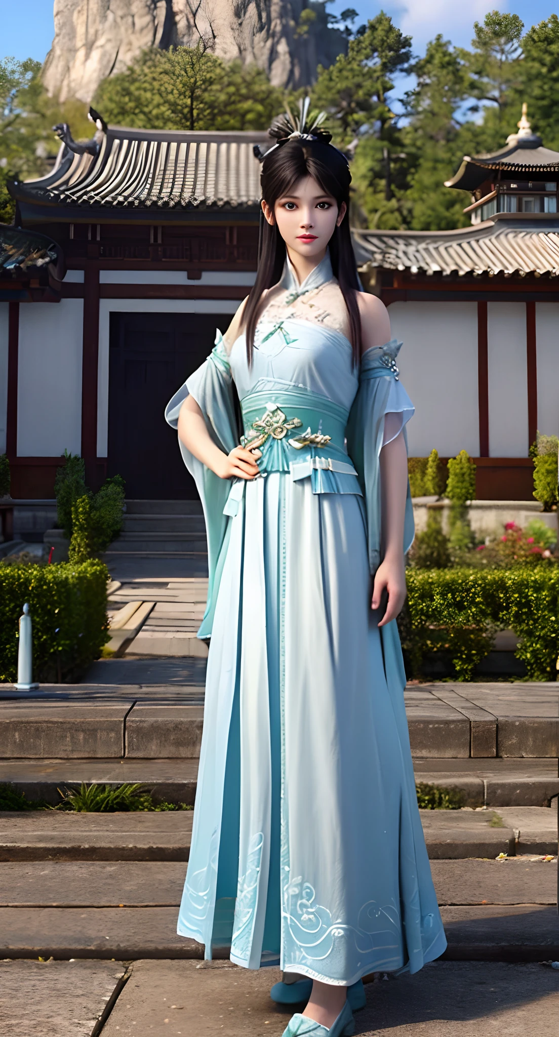 Araki con un vestido azul y blanco está sobre el césped., xianxia de cuerpo completo, inspirado en Lan Ying, Inspirado por Qiu Ying, inspirado en Du Qiong, inspirado en Li Mei Shu, inspirado en Li Tang, inspirado en Leng Mei, palacio ， Una chica en Hanfu, traje chino, heise jinyao