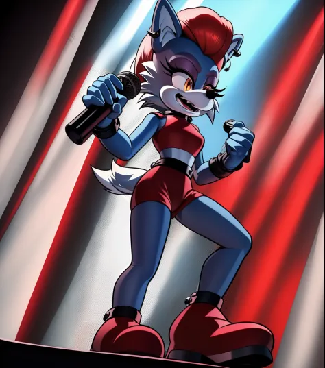 "Roxanne Wolf as a Sonic character, Roxanne on stage, rocking a vibrant red outfit, perfectly positioned single tail, confidently holding a microphone."